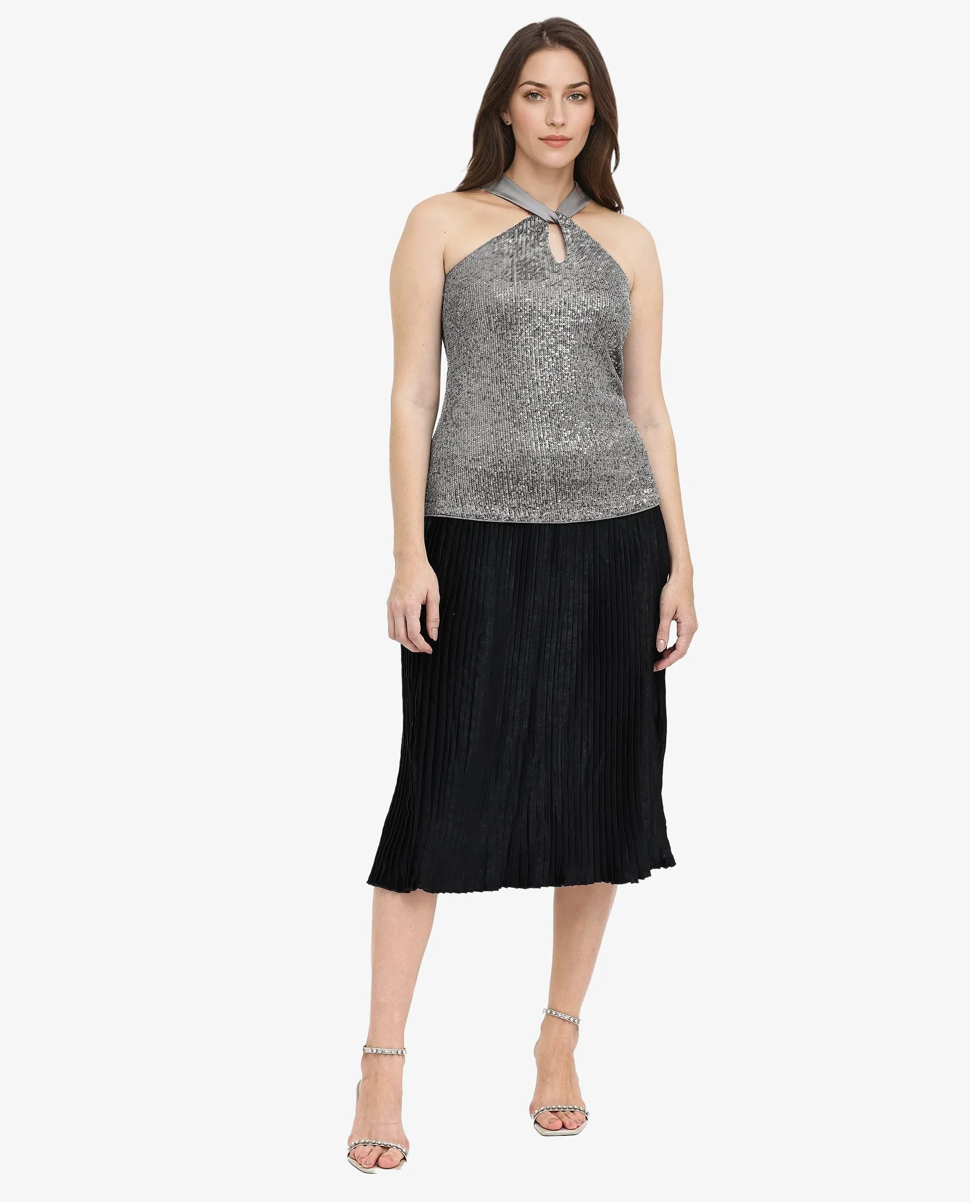 Rareism Womens Aviv Metallic Grey Top Cotton Elastane Sleeveless Sequined