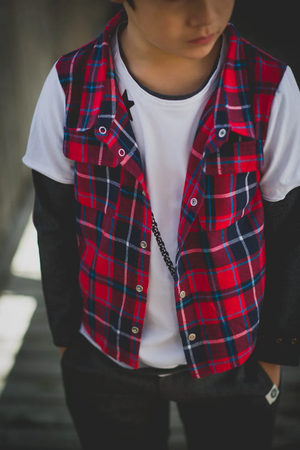 Red Plaid Vest Baby Twofer Shirt by: Mini Shatsu