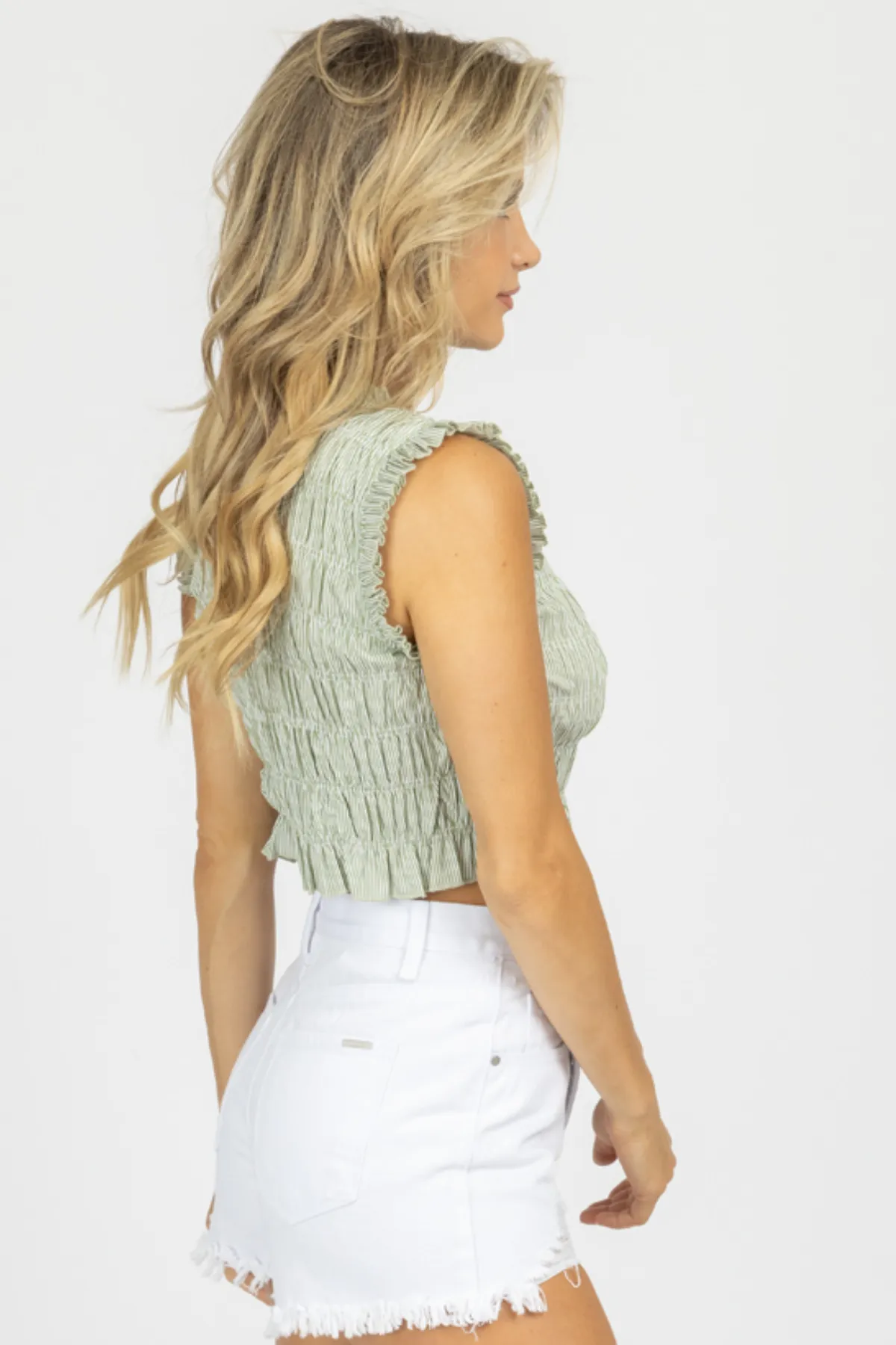 SAGE SMOCKED SLEEVELESS TOP