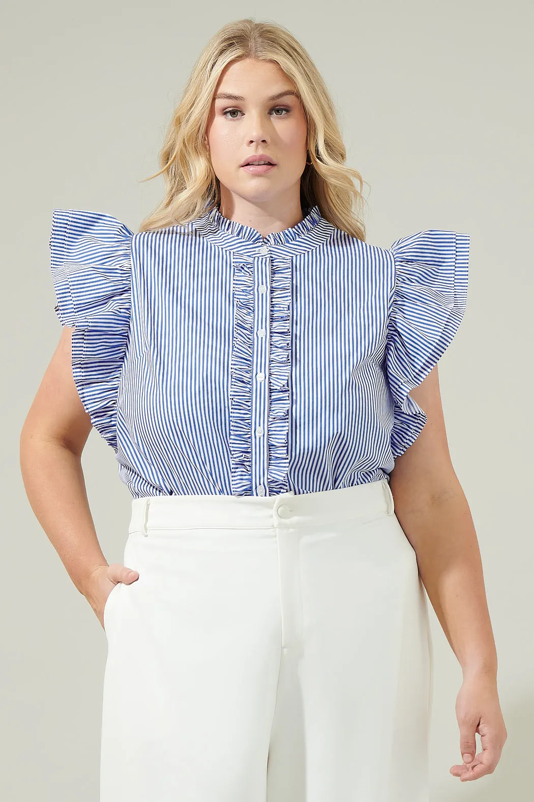 Sherah Striped Sleeveless Ruffle Top Curve