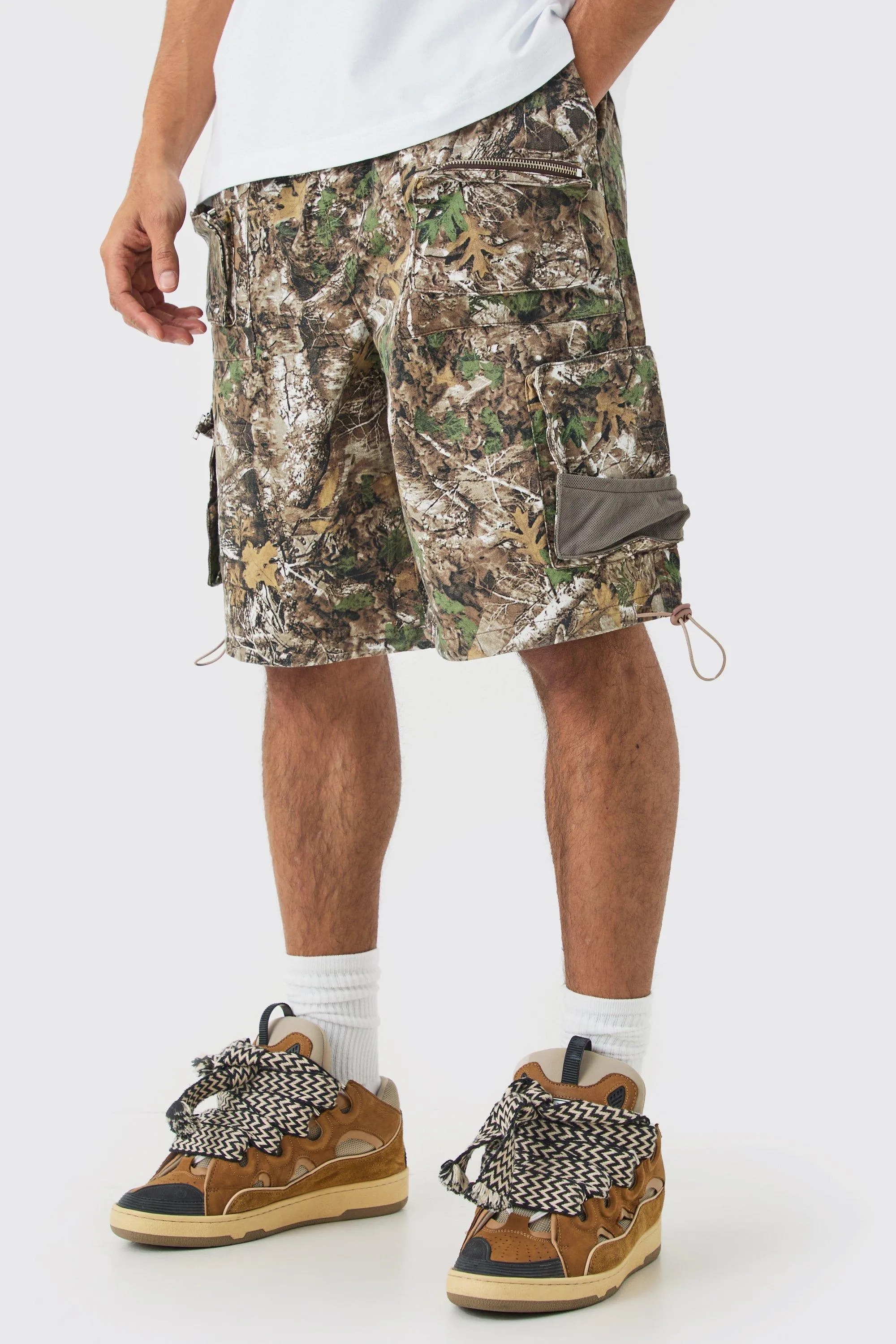 Shorts | Forest Camo Elasticated Waist Parachute Cargo Shorts | boohooMAN