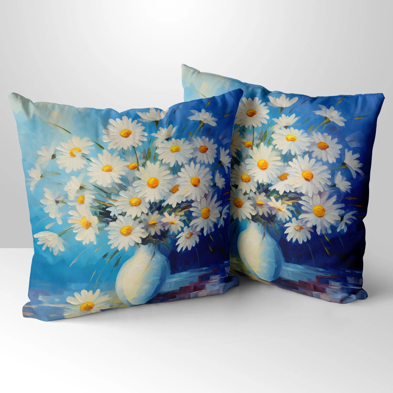 Sunlit Daisies In Blue Hand Made Poly Linen Cushions, Blue