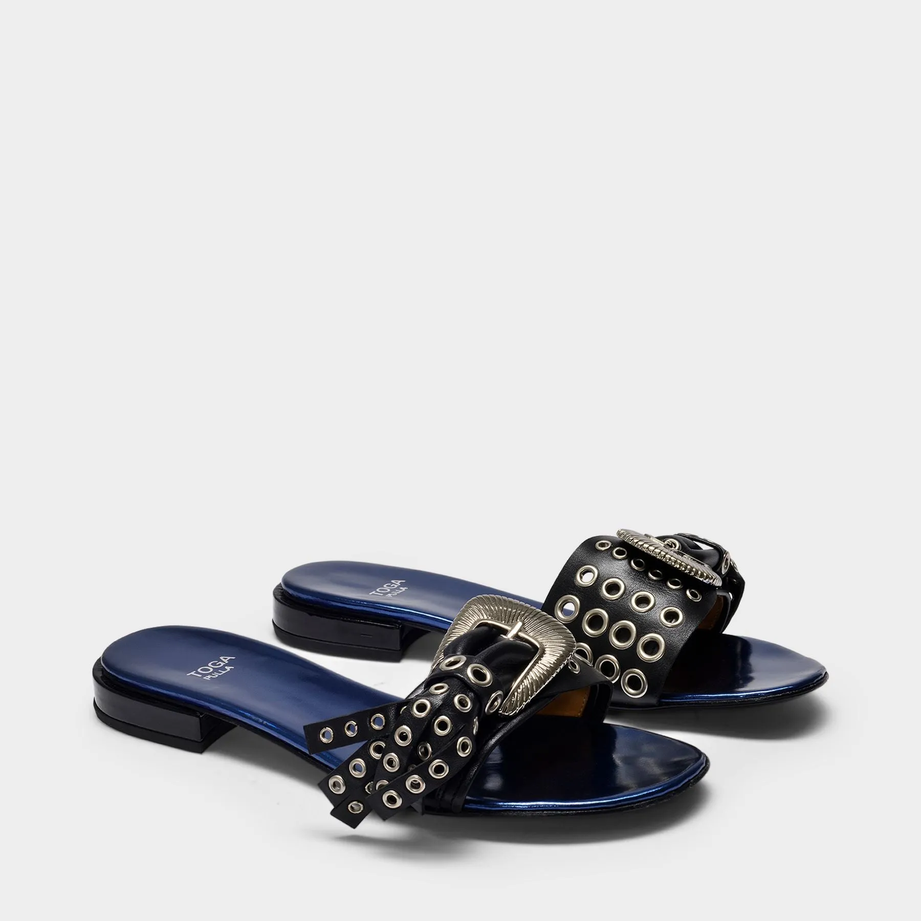 Toga Pulla  Flat Mules in Navy and Black Leather