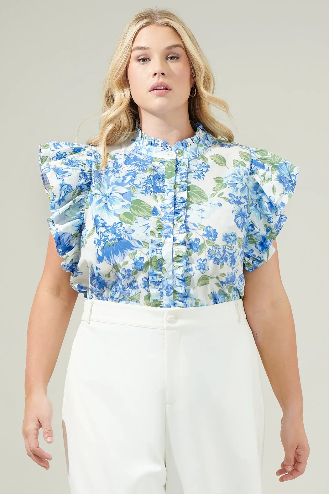 Truth Be Told Blue Floral Sleeveless Ruffle Top Curve