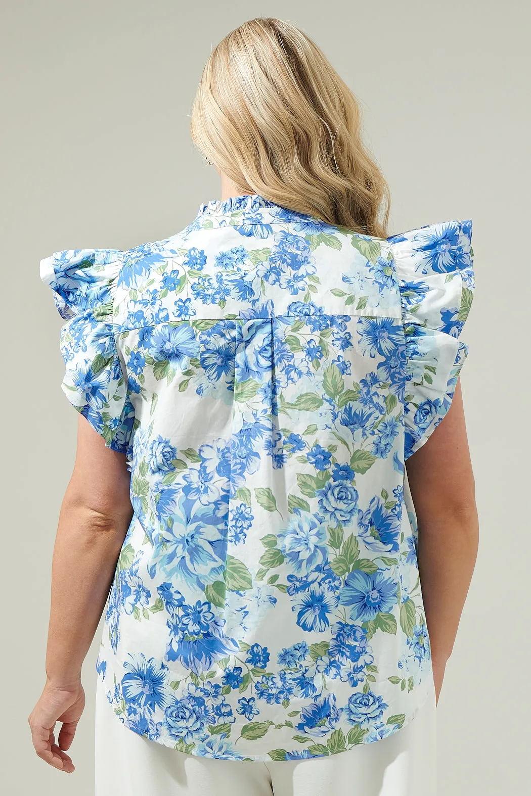 Truth Be Told Blue Floral Sleeveless Ruffle Top Curve