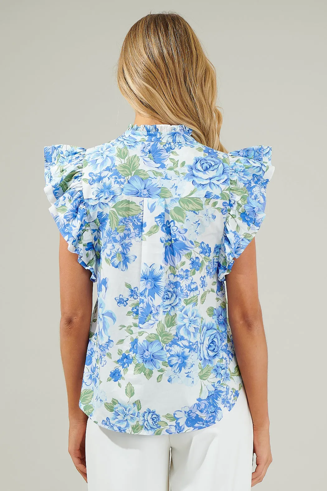 Truth Be Told Blue Floral Sleeveless Ruffle Top