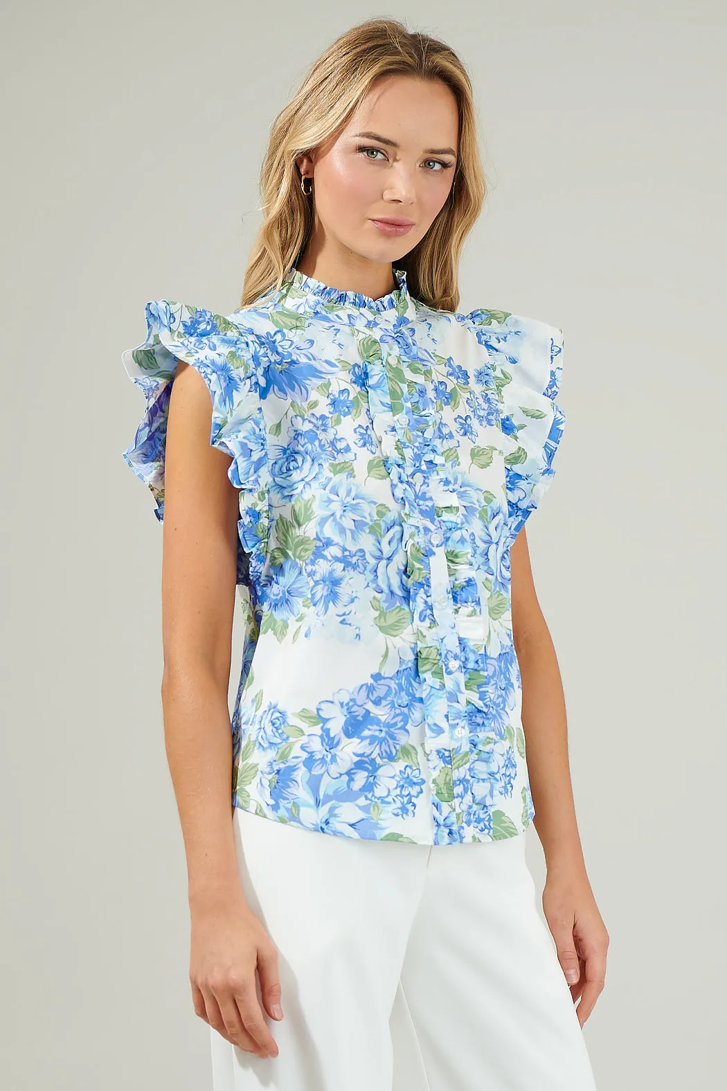 Truth Be Told Blue Floral Sleeveless Ruffle Top