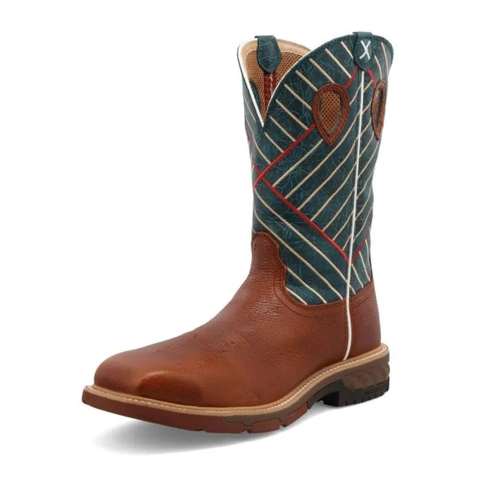 Twisted X Men's 12"" Western Work Boot Cognac & Dark Green