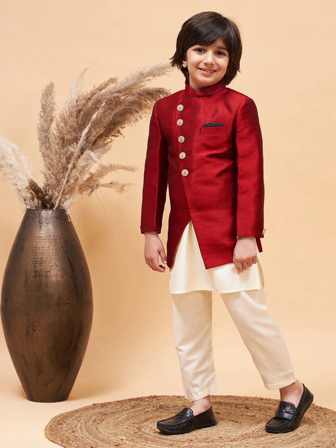 VASTRAMAY Boy's Maroon Indo Western Jacket With Cream Kurta And Pyjama Set