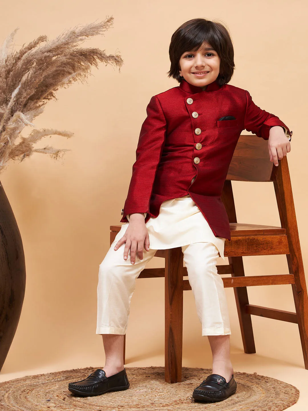 VASTRAMAY Boy's Maroon Indo Western Jacket With Cream Kurta And Pyjama Set