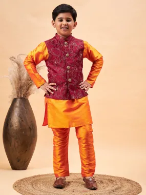 VASTRAMAY Boy's Maroon Nehru Jacket With Orange Kurta And Pyjama Set