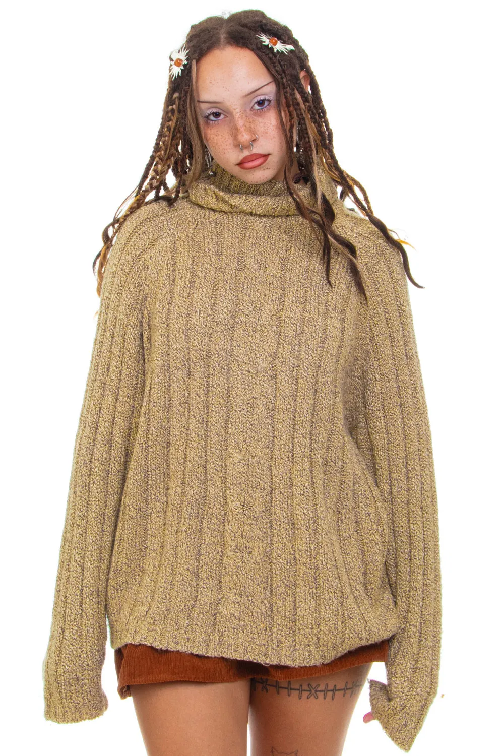 Vintage 90's Light Brown Turtle Neck Knit Sweater - OSFM