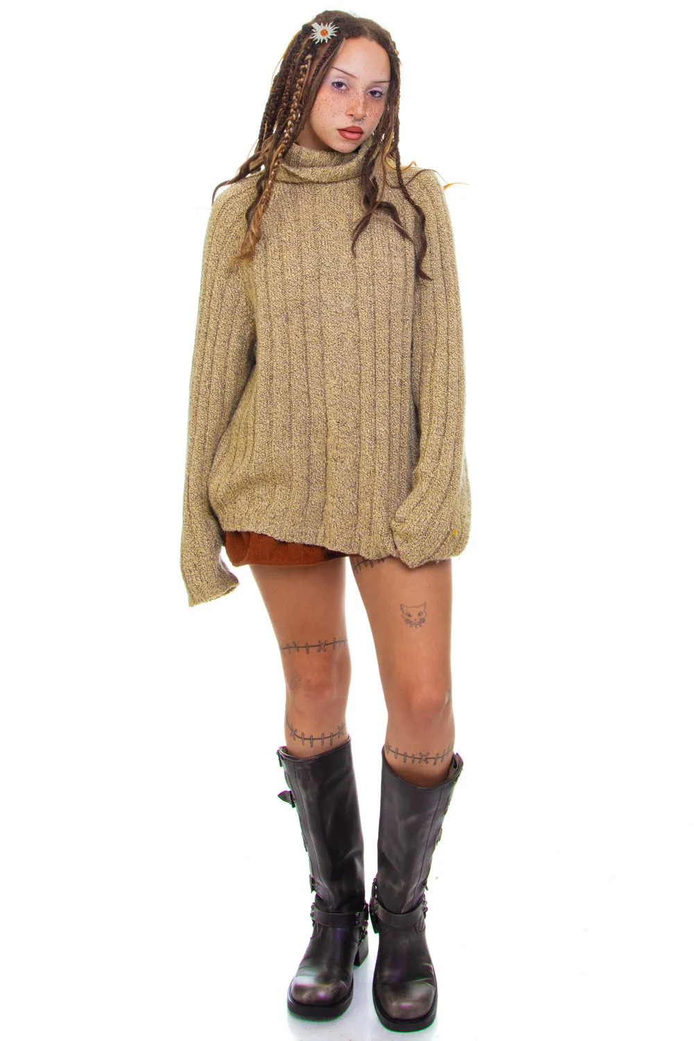 Vintage 90's Light Brown Turtle Neck Knit Sweater - OSFM