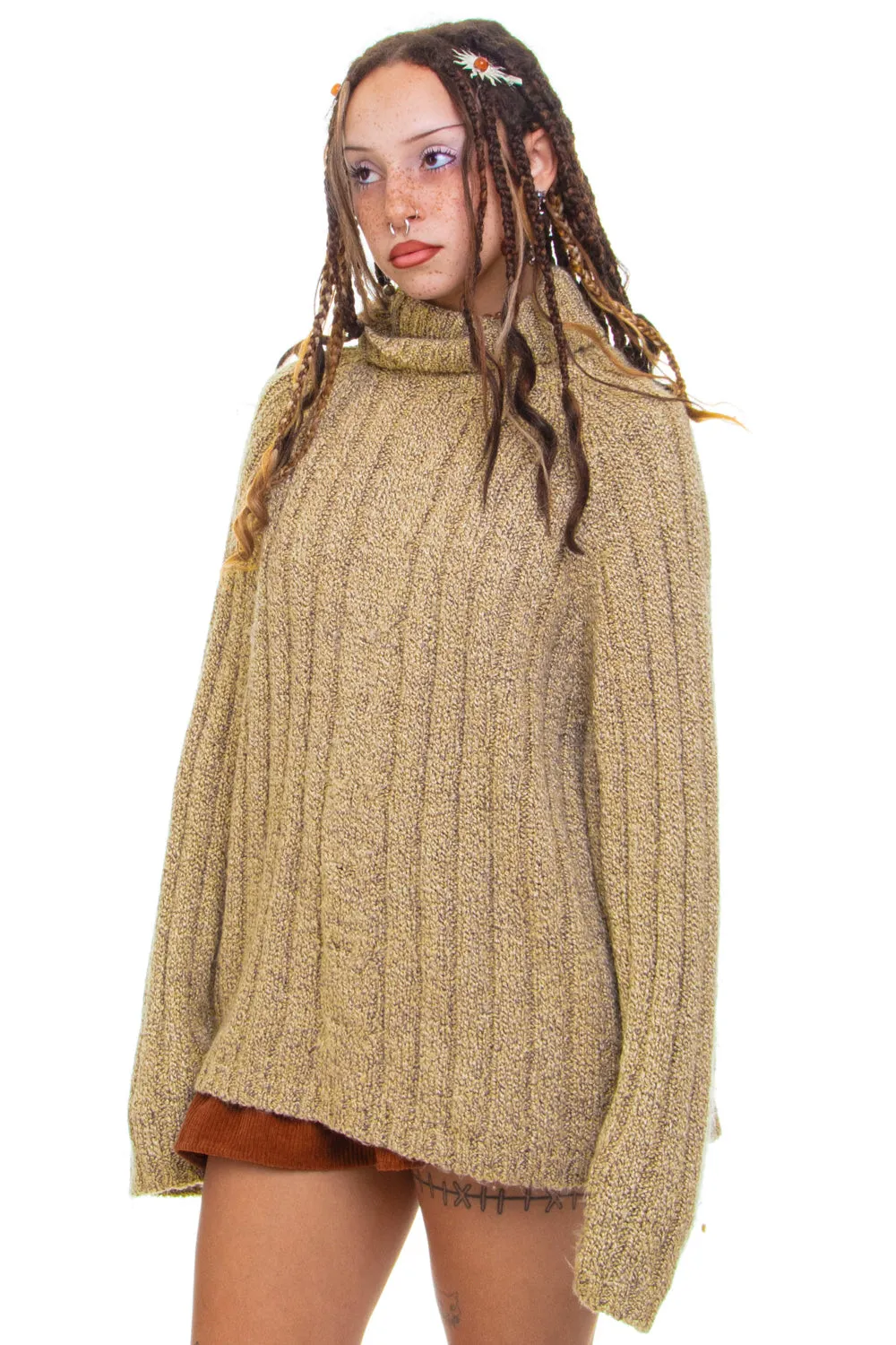 Vintage 90's Light Brown Turtle Neck Knit Sweater - OSFM