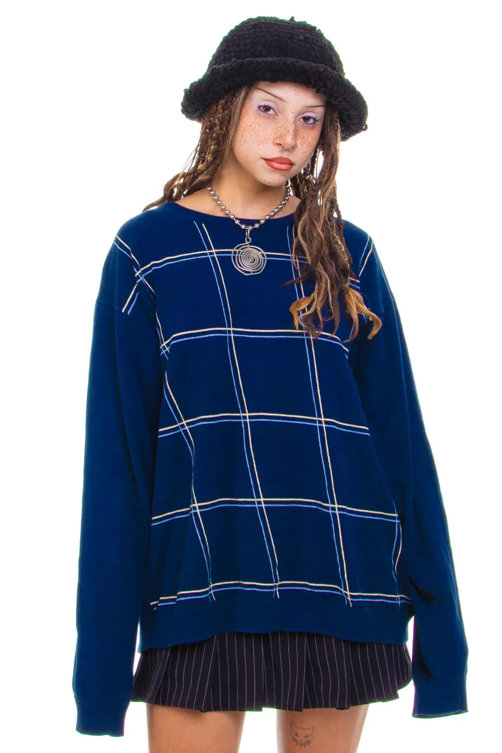 Vintage Y2K Navy Grid Grandpa Sweater - OSFM