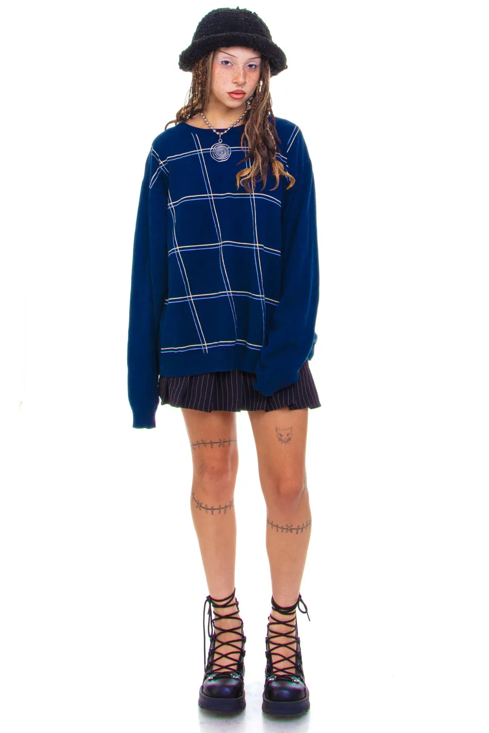 Vintage Y2K Navy Grid Grandpa Sweater - OSFM