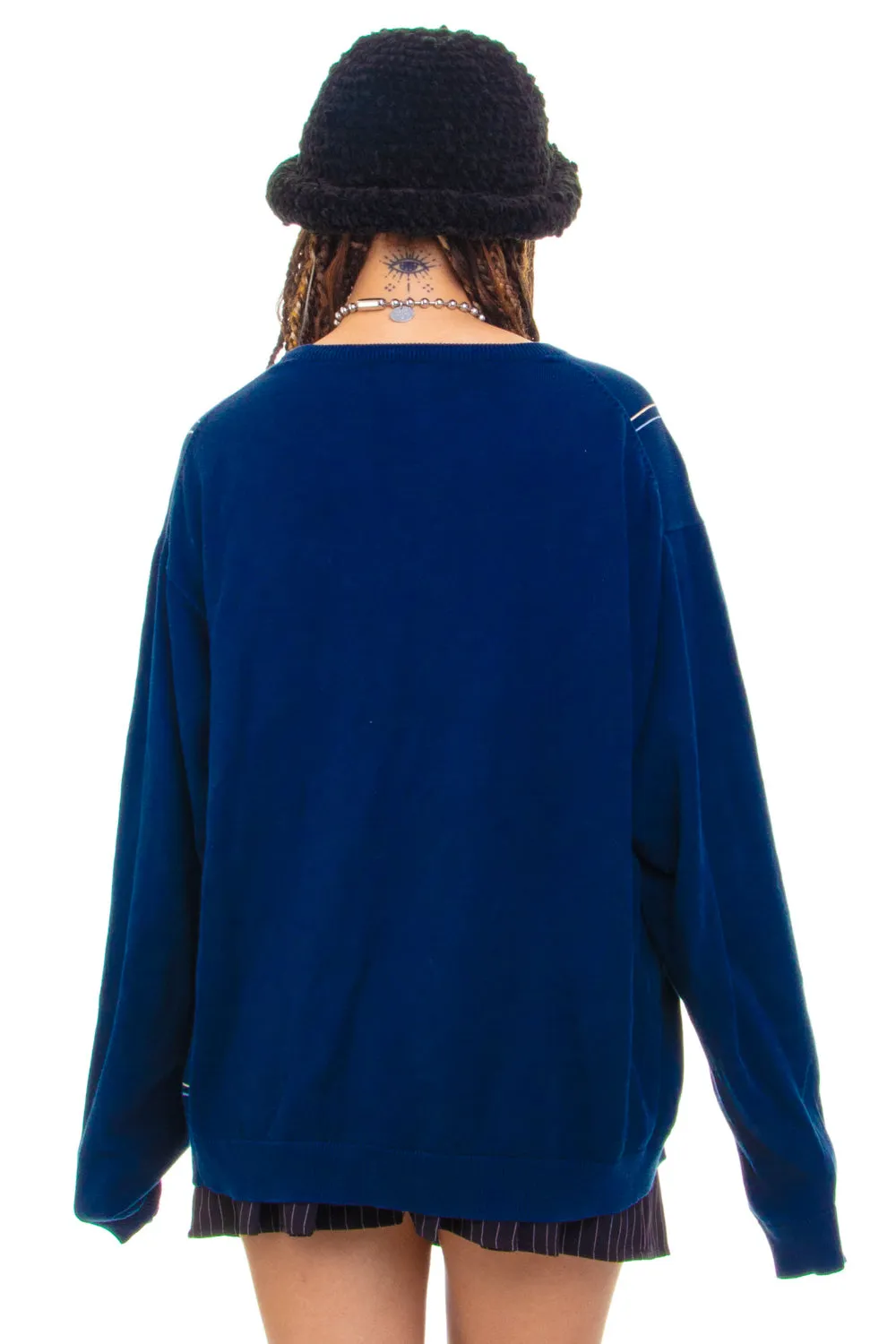 Vintage Y2K Navy Grid Grandpa Sweater - OSFM