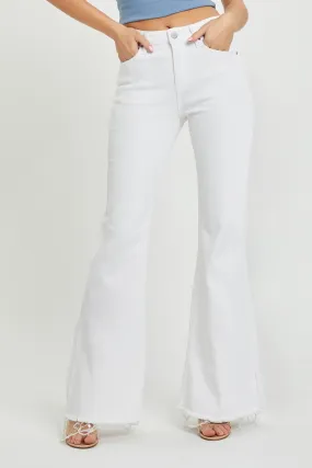 White Mid Rise Raw Hem Flare Jeans