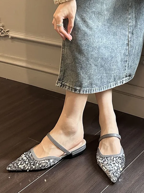 Women's Sequined Cloth Pointed Toe Flat Mules