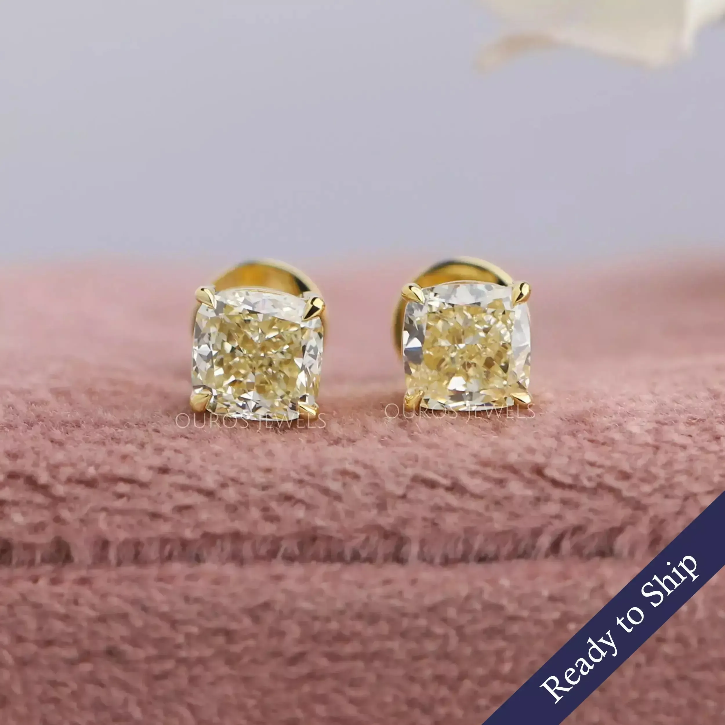 Yellow Cushions Cut Lab Diamond Solitaire Earrings